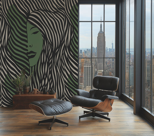 Fototapete Frau Gesicht Grün Schwarz - 1,59 m x 2,80 m