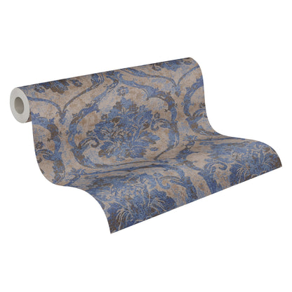 Mustertapete Barock-Ornament Blau-Kupfer - 10,05 m x 0,53 m