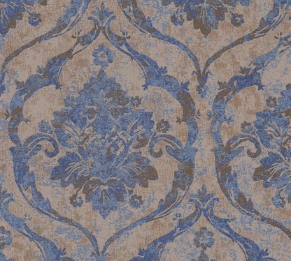 Mustertapete Barock-Ornament Blau-Kupfer - 10,05 m x 0,53 m