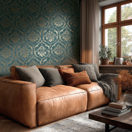 Strukturtapete Barock-Ornament Smaragd-Gold - 10,05 m x 0,53 m