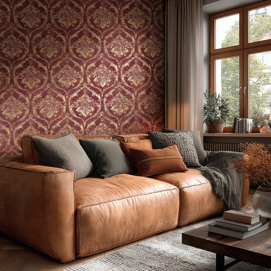 Strukturtapete Barock-Ornament Weinrot-Gold - 10,05 m x 0,53 m