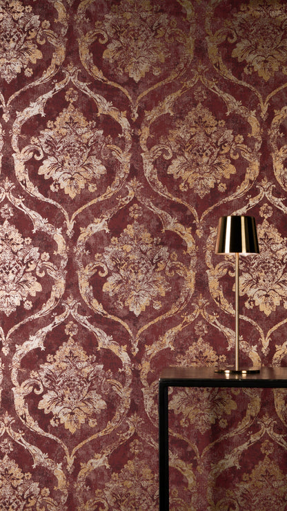 Mustertapete Barock-Ornament Weinrot-Gold - 10,05 m x 0,53 m
