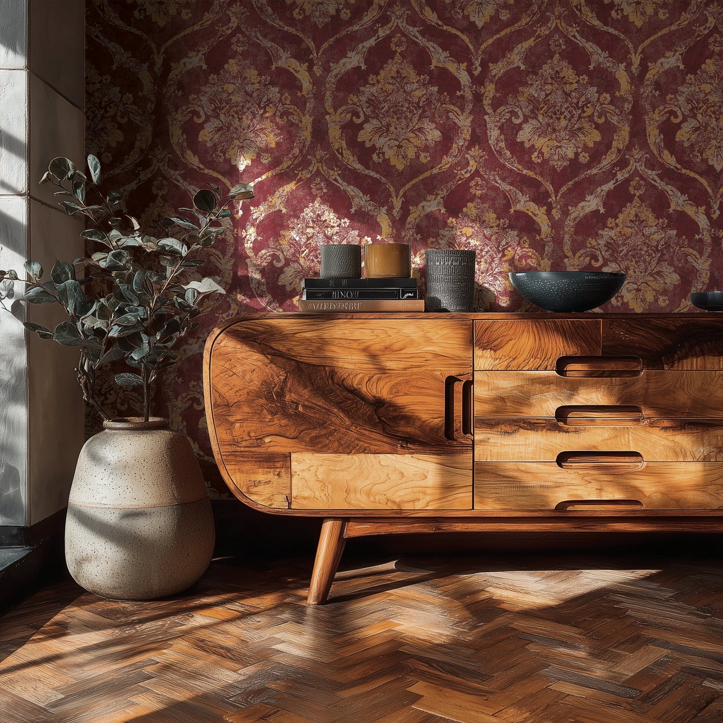 Mustertapete Barock-Ornament Weinrot-Gold - 10,05 m x 0,53 m