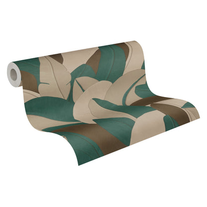 Mustertapete Bananenblätter Smaragd-Taupe - 10,05 m x 0,53 m