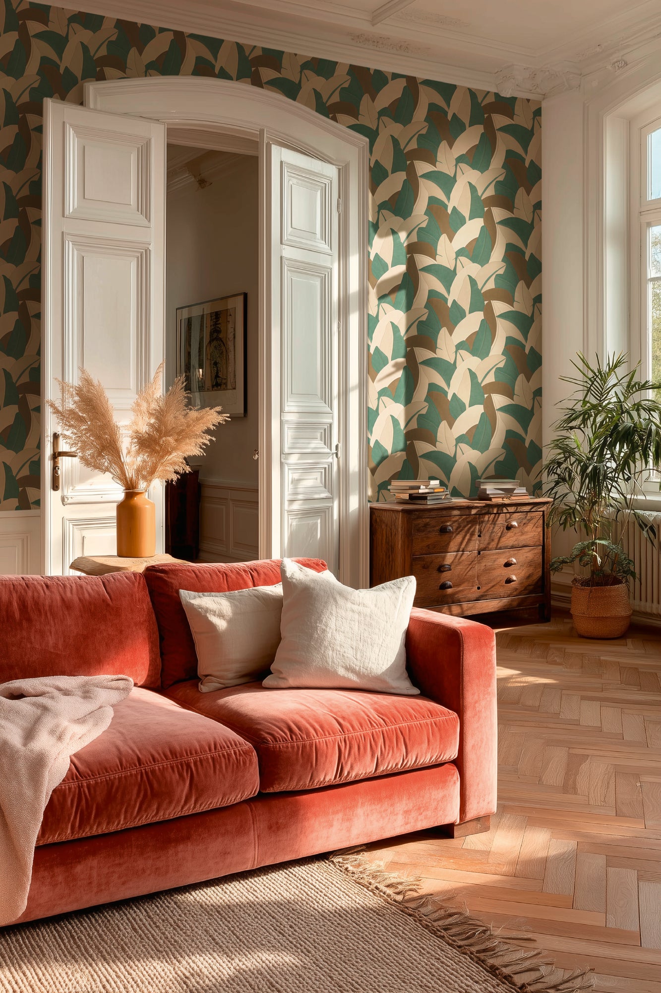 Livingwalls Vibes & Styles Isabelle - Golden Canopy Palmenblätter Beige Braun - 10,05 m x 0,53 m