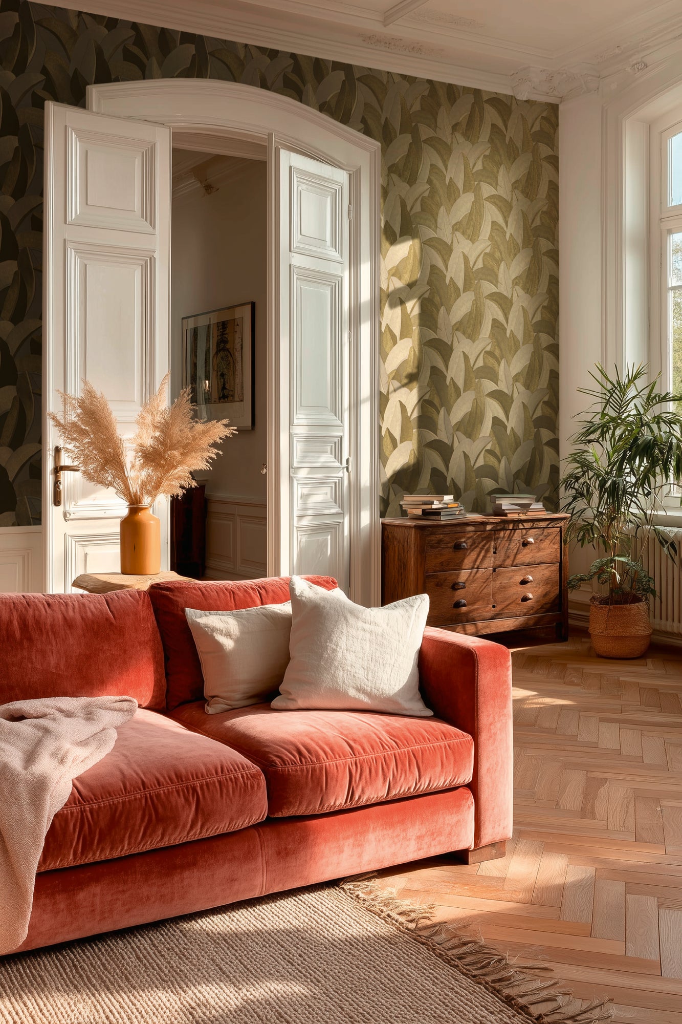 Livingwalls Vibes & Styles Isabelle - Golden Canopy Palmenblätter Beige Gold - 10,05 m x 0,53 m