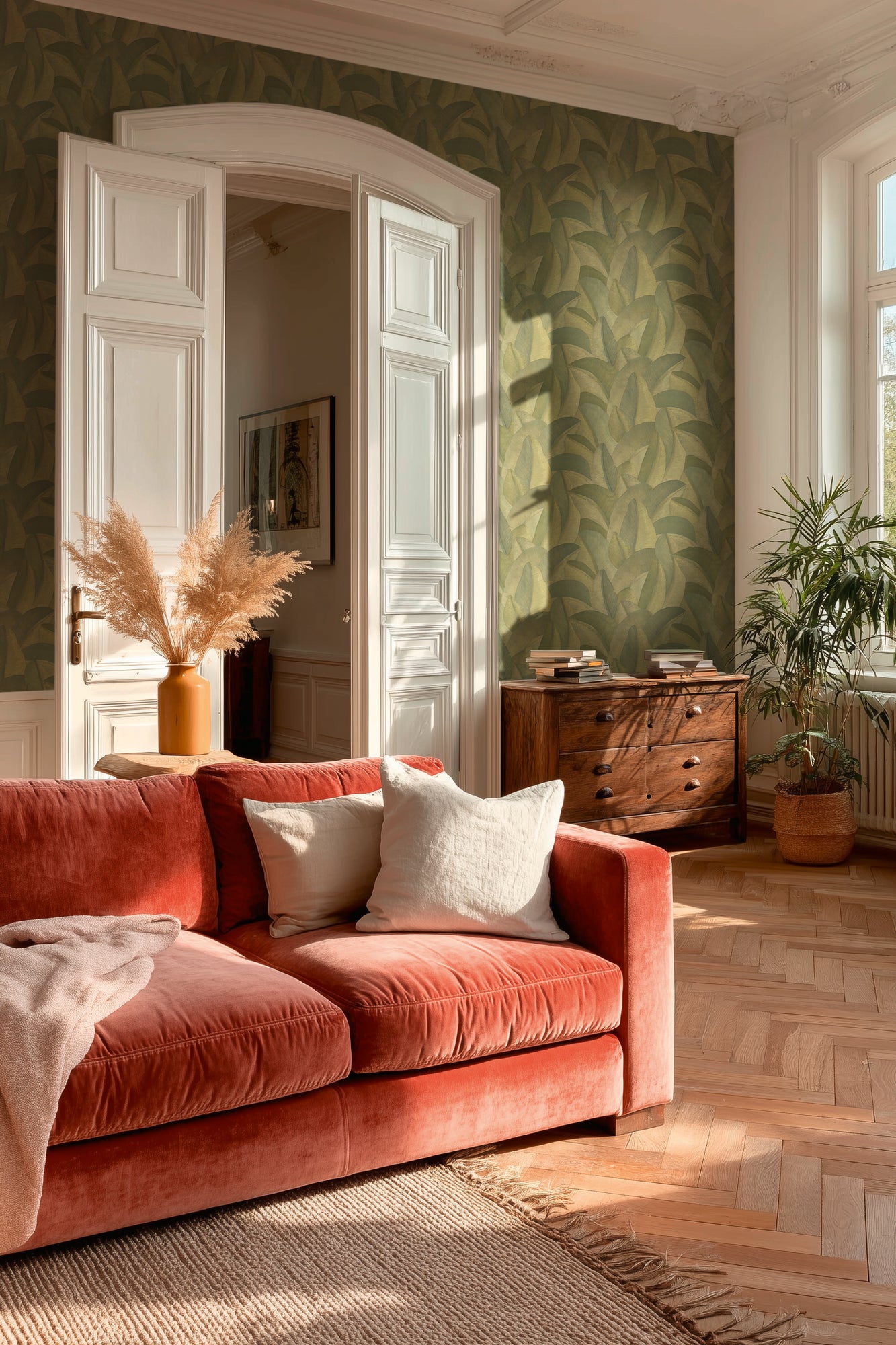 Livingwalls Vibes & Styles Isabelle - Golden Canopy Palmenblätter Grün - 10,05 m x 0,53 m