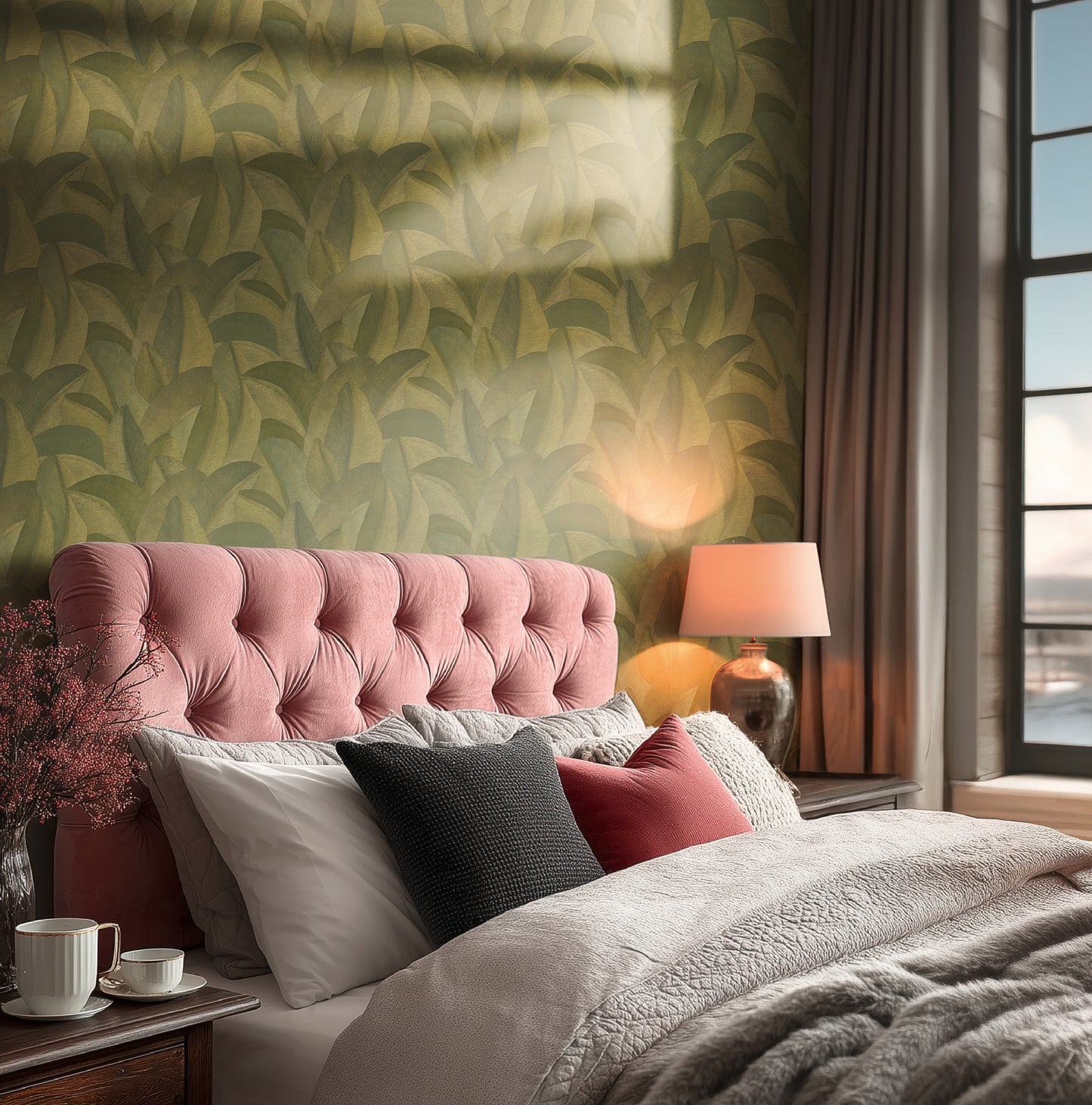 Livingwalls Vibes & Styles Isabelle - Golden Canopy Palmenblätter Grün - 10,05 m x 0,53 m