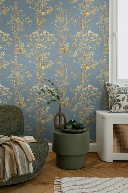 Mustertapete Flora & Fauna Dunkelblau-Bunt - 10,05 m x 0,53 m