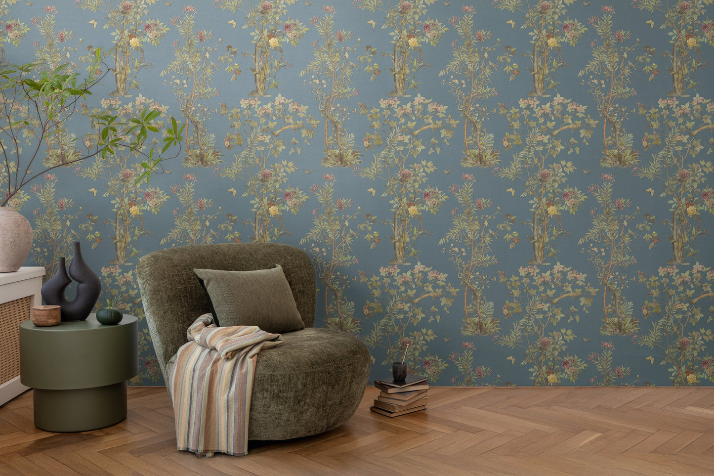 Mustertapete Flora & Fauna Dunkelblau-Bunt - 10,05 m x 0,53 m