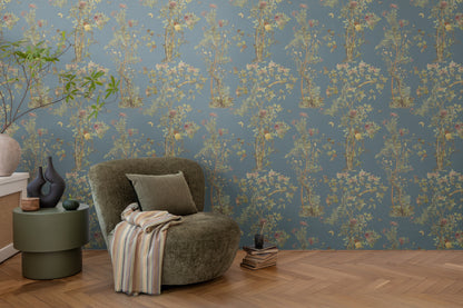 Mustertapete Flora & Fauna Dunkelblau-Bunt - 10,05 m x 0,53 m