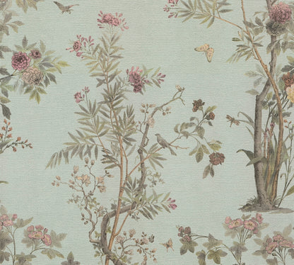 Mustertapete Flora & Fauna Mintgrün-Bunt - 10,05 m x 0,53 m