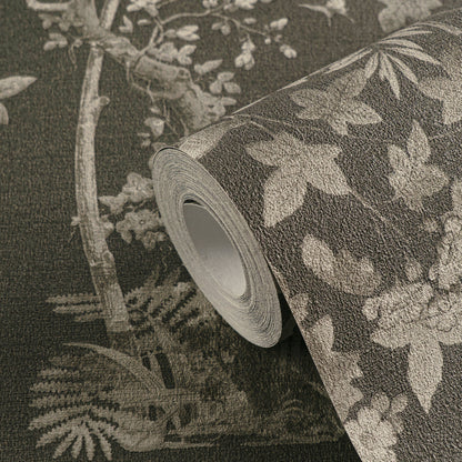 Mustertapete Flora & Fauna Schwarz-Grau - 10,05 m x 0,53 m