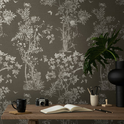 Mustertapete Flora & Fauna Schwarz-Grau - 10,05 m x 0,53 m