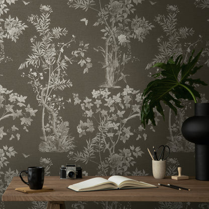 Mustertapete Flora & Fauna Schwarz-Grau - 10,05 m x 0,53 m