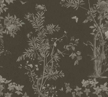 Mustertapete Flora & Fauna Schwarz-Grau - 10,05 m x 0,53 m