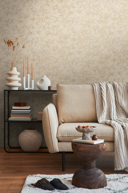 Mustertapete Bambusblätter Beige - 10,05 m x 0,53 m