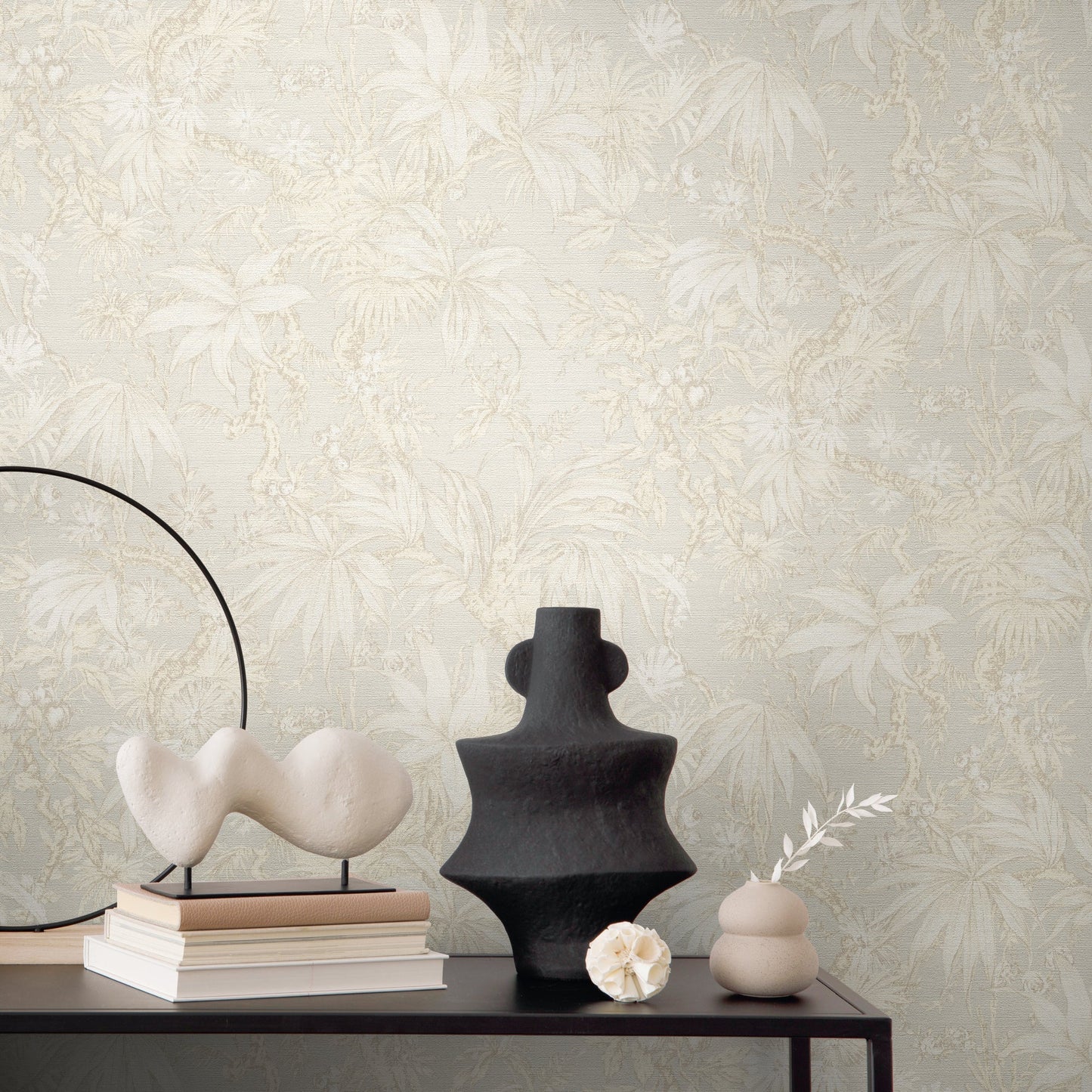 Mustertapete Tropische Flora Beige-Grau - 10,05 m x 0,53 m