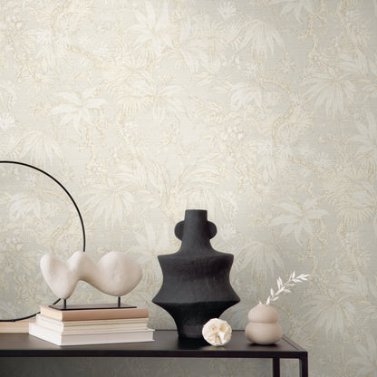 Mustertapete Tropische Flora Beige-Grau - 10,05 m x 0,53 m