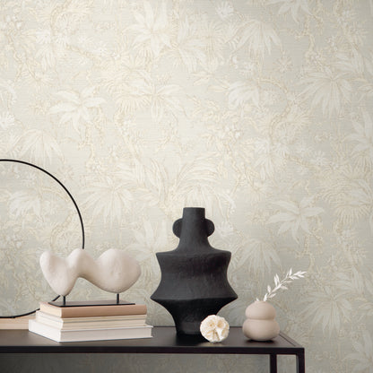 Mustertapete Tropische Flora Beige-Grau - 10,05 m x 0,53 m