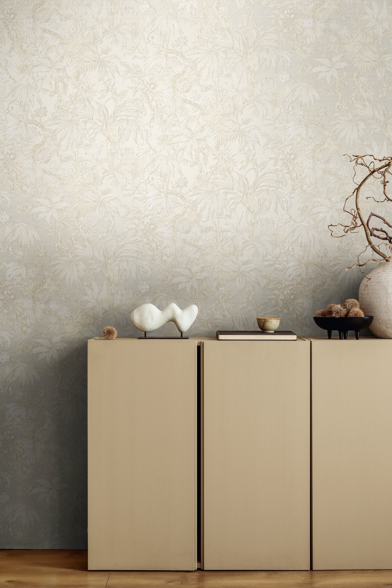 Mustertapete Tropische Flora Beige-Grau - 10,05 m x 0,53 m