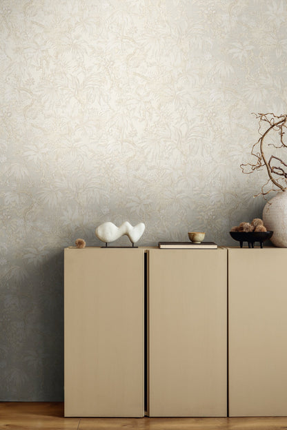 Mustertapete Tropische Flora Beige-Grau - 10,05 m x 0,53 m