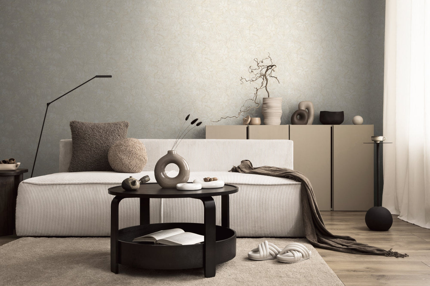 Mustertapete Tropische Flora Beige-Grau - 10,05 m x 0,53 m