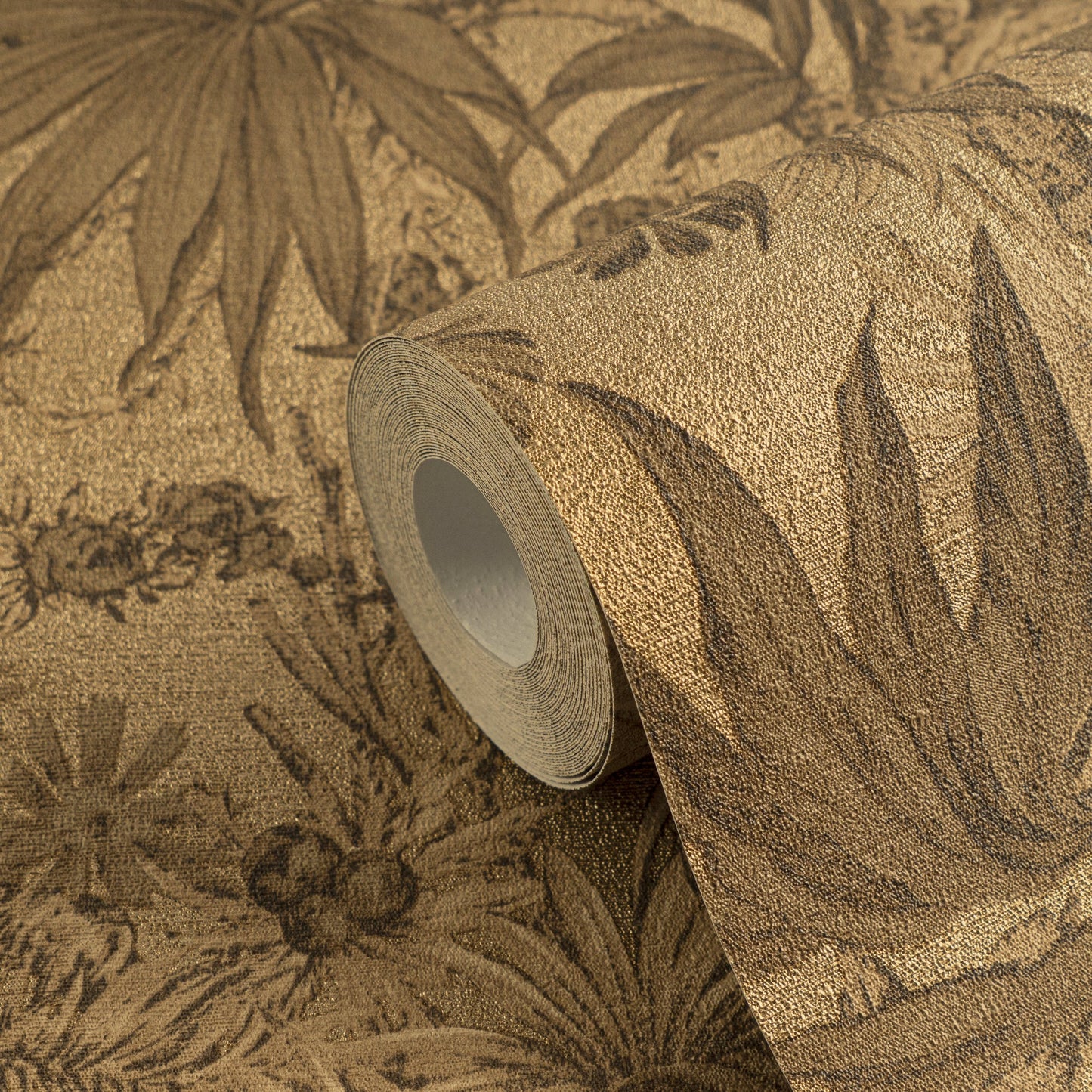 Mustertapete Tropische Flora Goldbraun - 10,05 m x 0,53 m