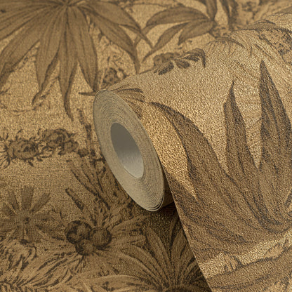 Mustertapete Tropische Flora Goldbraun - 10,05 m x 0,53 m
