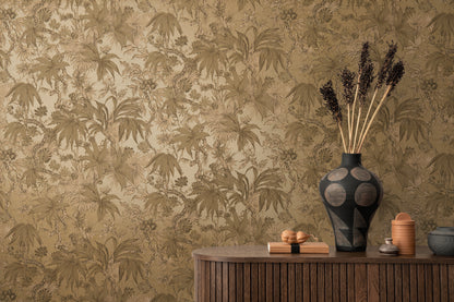 Mustertapete Tropische Flora Goldbraun - 10,05 m x 0,53 m