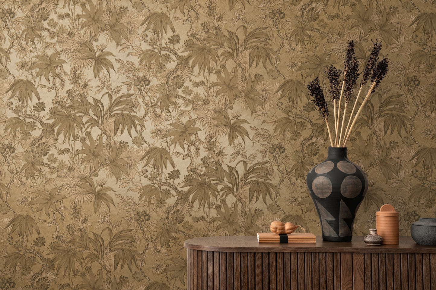 Mustertapete Tropische Flora Goldbraun - 10,05 m x 0,53 m