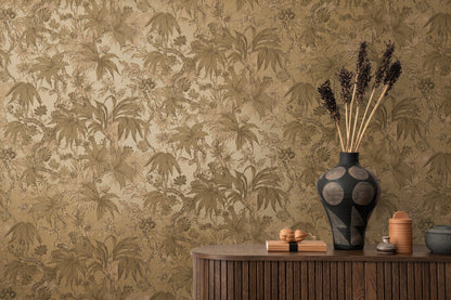 Mustertapete Tropische Flora Goldbraun - 10,05 m x 0,53 m