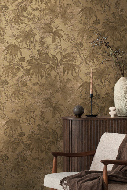 Mustertapete Tropische Flora Goldbraun - 10,05 m x 0,53 m