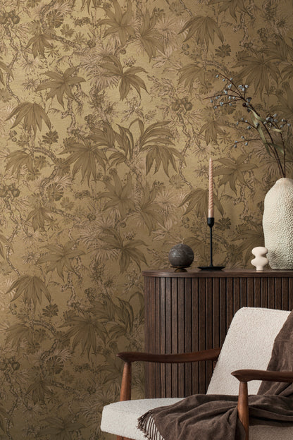 Mustertapete Tropische Flora Goldbraun - 10,05 m x 0,53 m