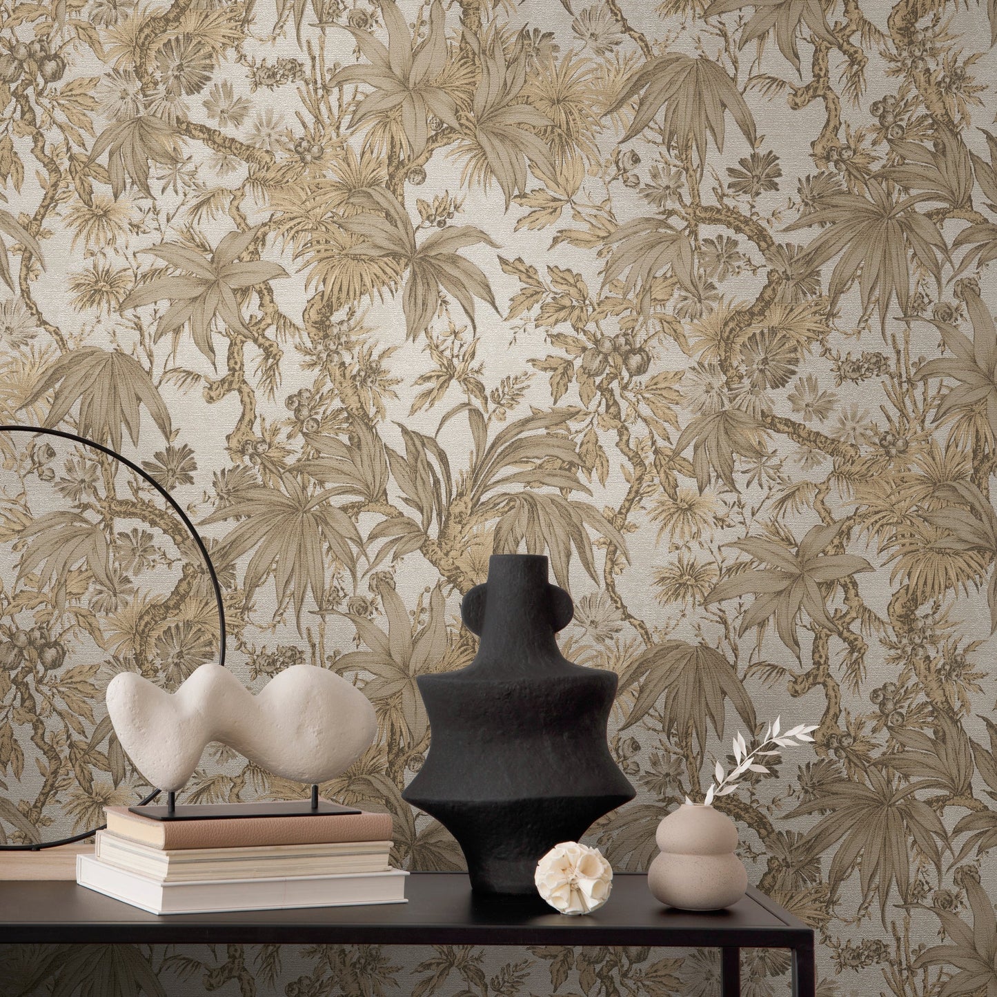 Mustertapete Tropische Flora Beige-Gold - 10,05 m x 0,53 m