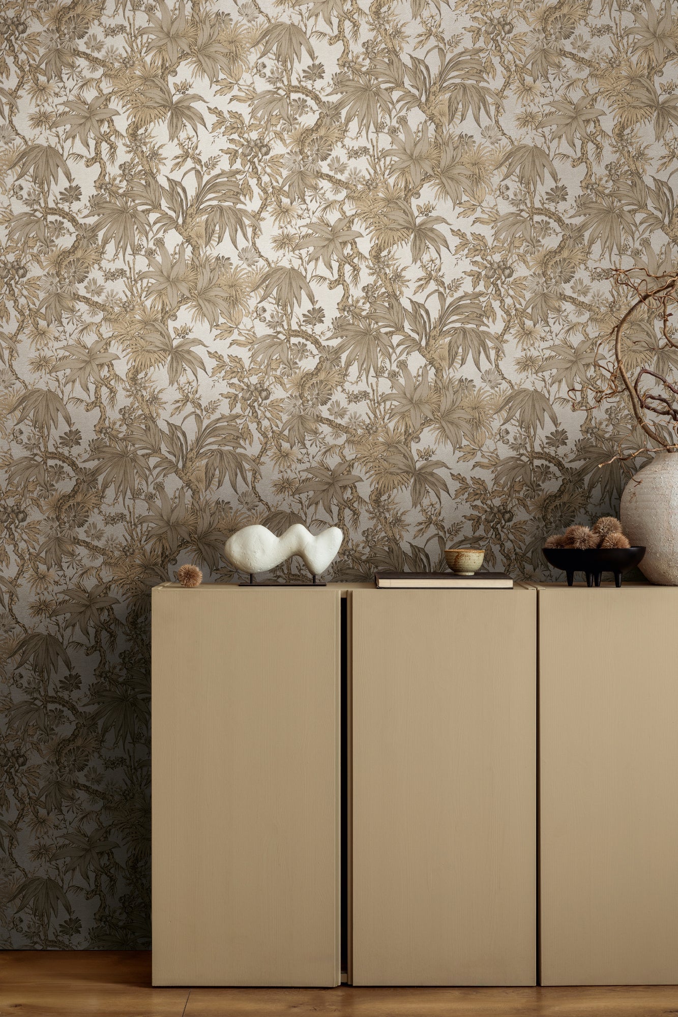 Mustertapete Tropische Flora Beige-Gold - 10,05 m x 0,53 m