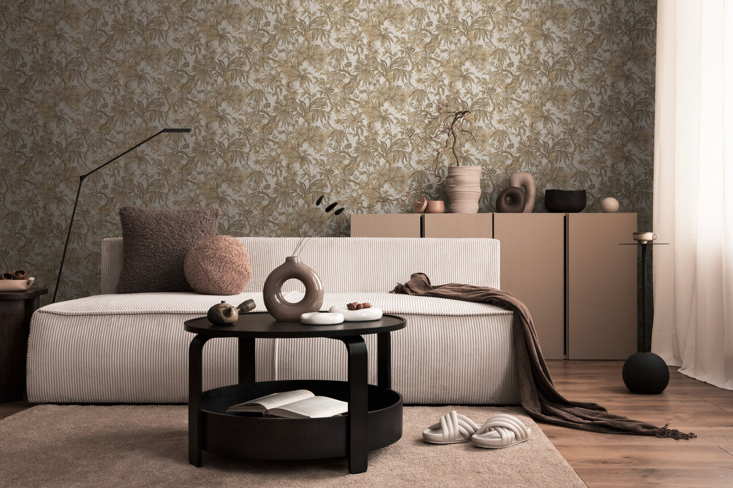 Mustertapete Tropische Flora Beige-Gold - 10,05 m x 0,53 m