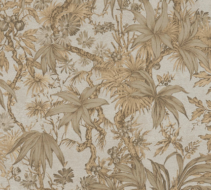 Mustertapete Tropische Flora Beige-Gold - 10,05 m x 0,53 m