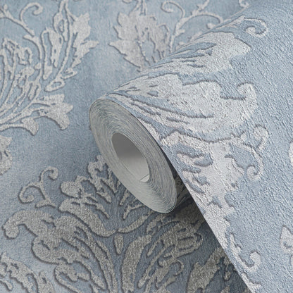 Mustertapete Barock-Ornament Taubenblau - 10,05 m x 0,53 m