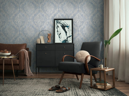 Mustertapete Barock-Ornament Taubenblau - 10,05 m x 0,53 m
