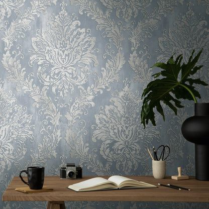 Mustertapete Barock-Ornament Taubenblau - 10,05 m x 0,53 m