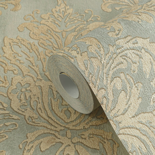 Strukturtapete Barock-Ornament Salbeigold - 10,05 m x 0,53 m