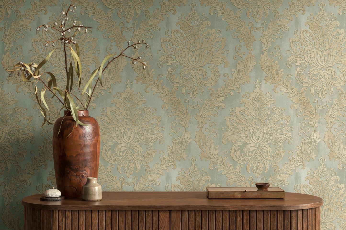 Mustertapete Barock-Ornament Salbeigold - 10,05 m x 0,53 m