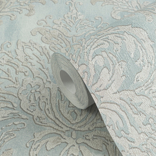 Strukturtapete Barock-Ornament Pastellblau - 10,05 m x 0,53 m