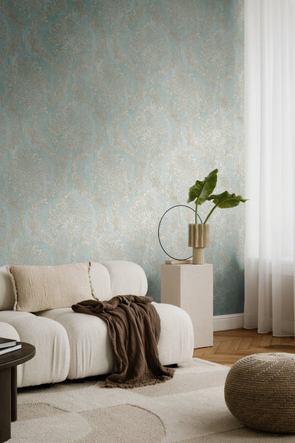Mustertapete Barock-Ornament Pastellblau - 10,05 m x 0,53 m