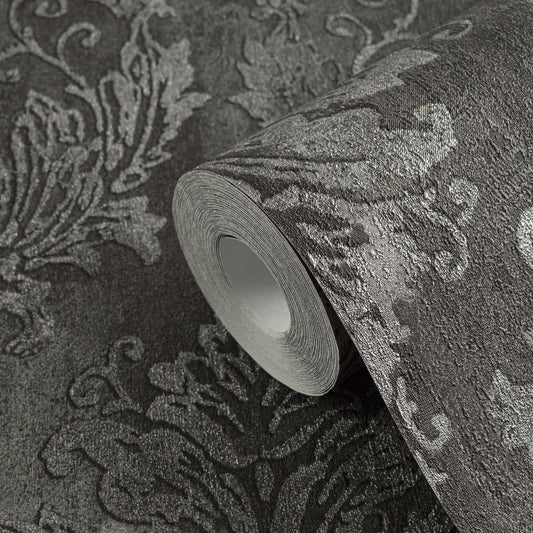 Strukturtapete Barock-Ornament Anthrazit-Silber - 10,05 m x 0,53 m