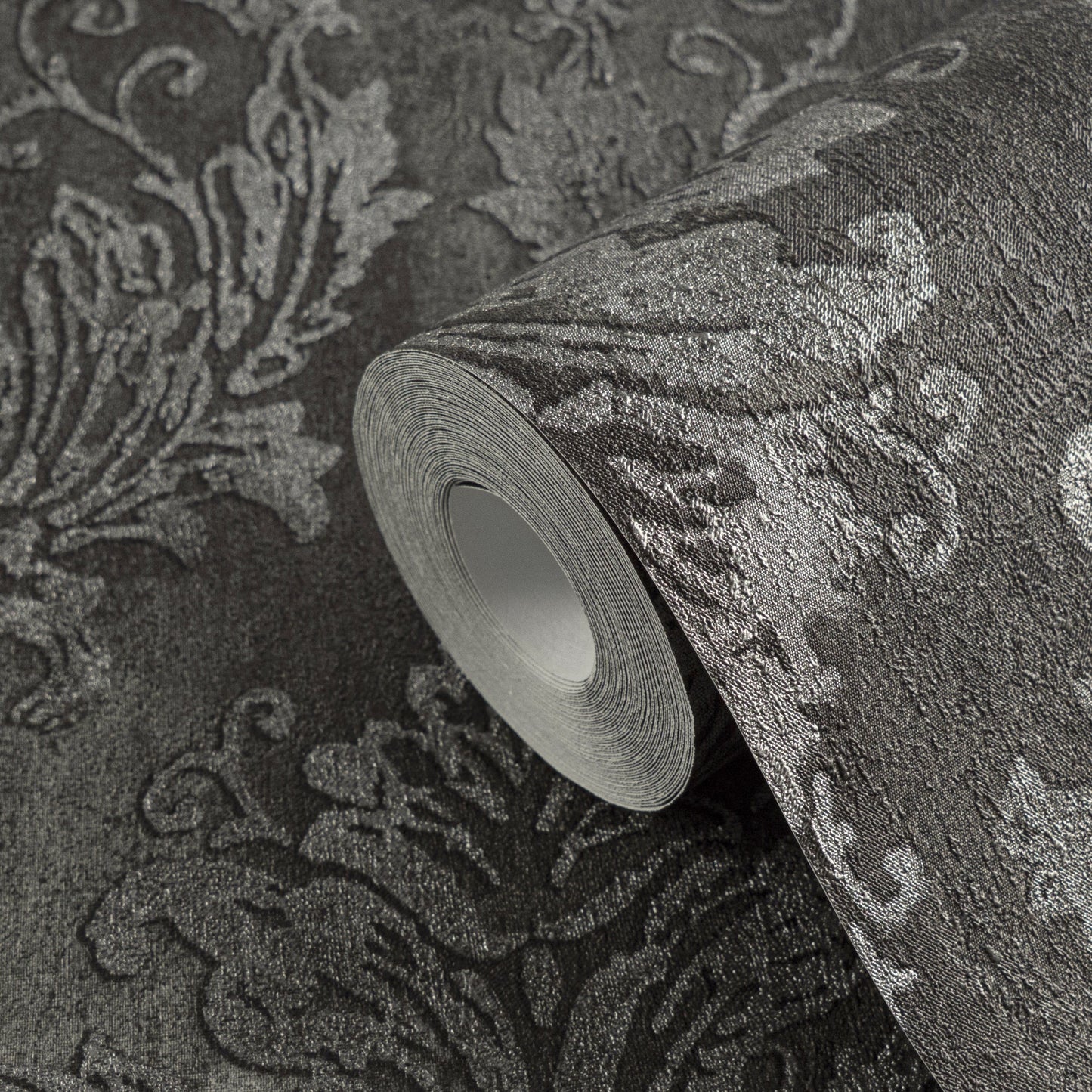 Mustertapete Barock-Ornament Anthrazit-Silber - 10,05 m x 0,53 m