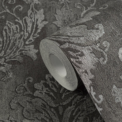 Mustertapete Barock-Ornament Anthrazit-Silber - 10,05 m x 0,53 m