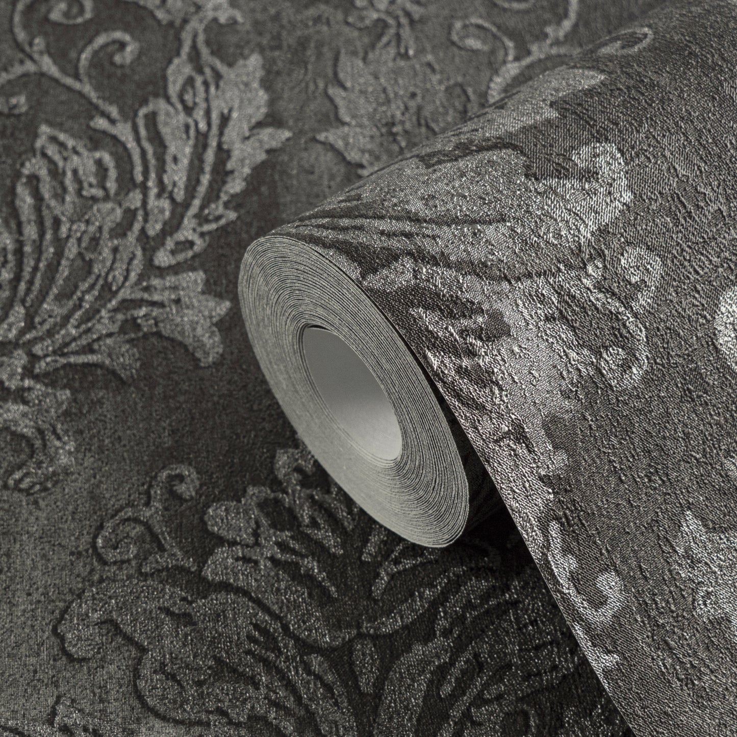 Mustertapete Barock-Ornament Anthrazit-Silber - 10,05 m x 0,53 m