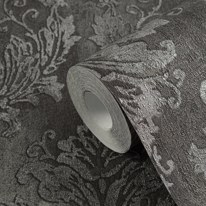 Mustertapete Barock-Ornament Anthrazit-Silber - 10,05 m x 0,53 m